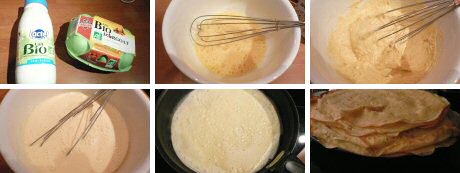 Stap voor stap pannenkoeken recept met in volgorde eieren, bloem en melk te mengen en te bakken in een koekenpan of Tefal pan