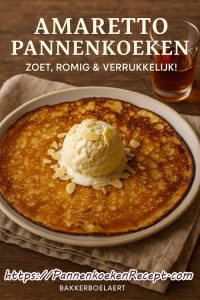 Goudbruine Amaretto pannenkoeken met amandelmeel, geserveerd met een bolletje vanille-ijs en een glaasje Amaretto op de achtergrond.